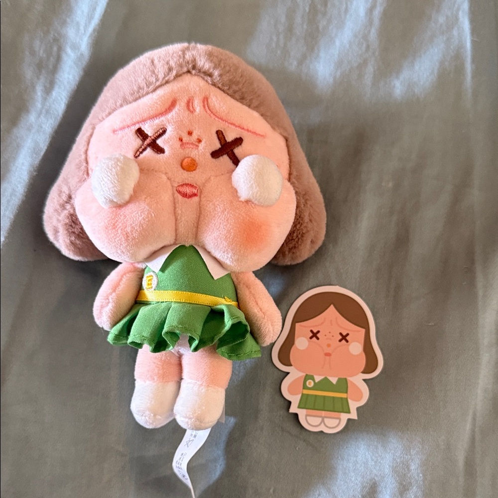 Cry baby plush Doll with Green Dress and Brown Hair